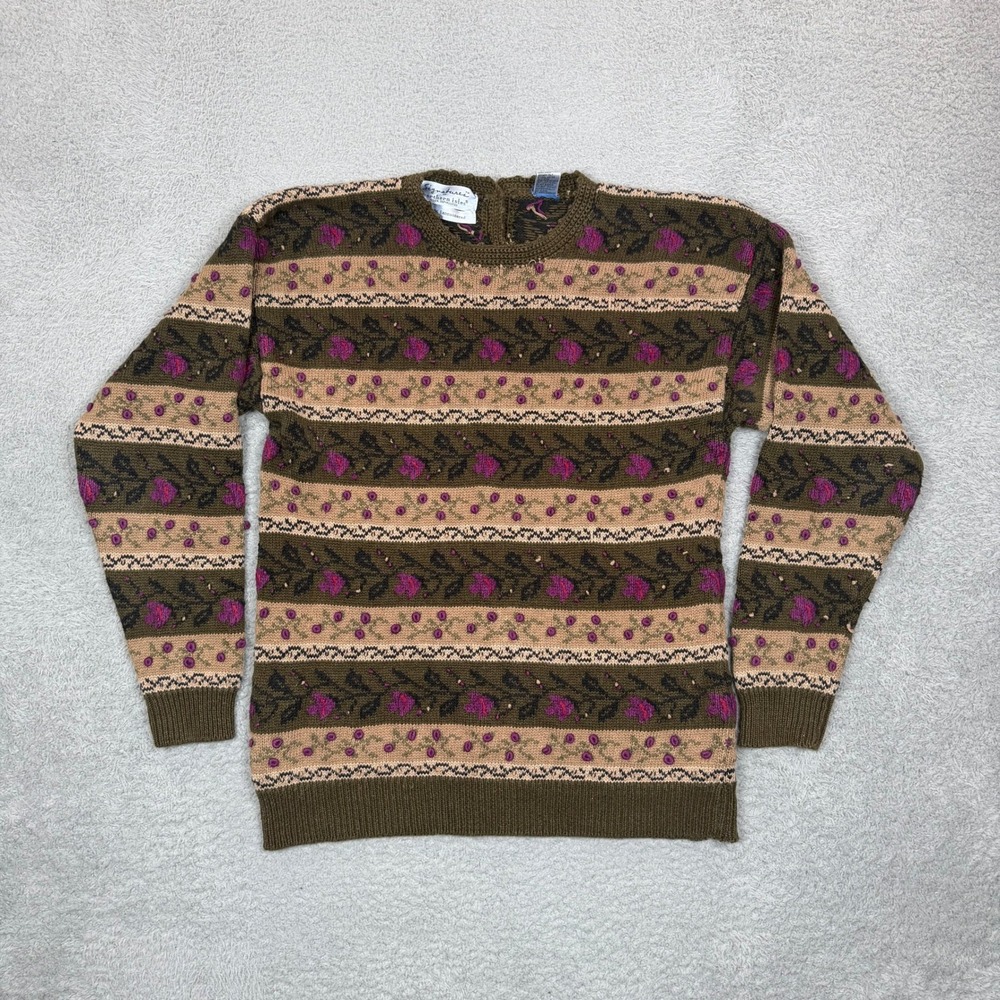 Vintage Signatures Northern Isles Hand Embroidered Floral Sweater Olive Green M